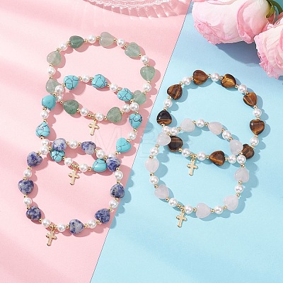 Natural & Synthetic Gemstone Heart & Shell Pearl Beads Stretch Bracelets BJEW-JB13413-1