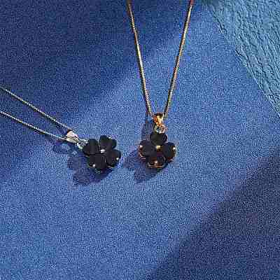 Natural Black Onyx Clover Pendant Necklace JN1077B-1
