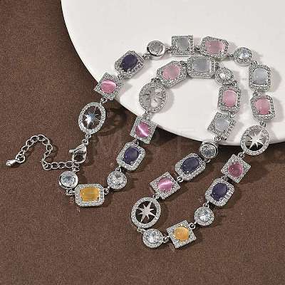 Brass Micro Pave Clear Cubic Zirconia with Multicolor Cat Eye Rectangle Square Oval Tennis Necklaces NJEW-G183-05P-1