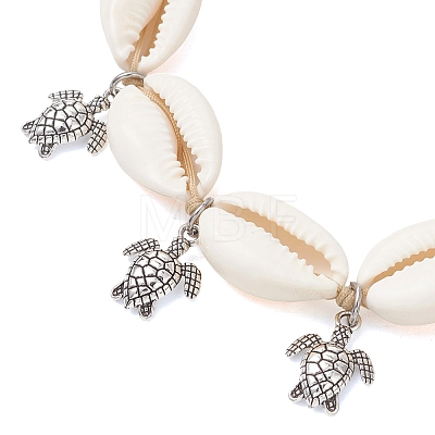 Adjustable Ocean Alloy Turtle Charms Natural Cowrie Shell Braided Bead Anklets for Womem AJEW-AN00784-1
