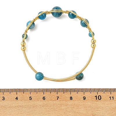 Herringbone Wire-Wrapped Natural Apatite Brass Cuff Bangles BJEW-JB14039-01-1