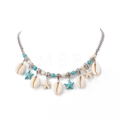 Synthetic Turquoise Starfish & Natural Shell Pendant Necklace NJEW-TA00063-1