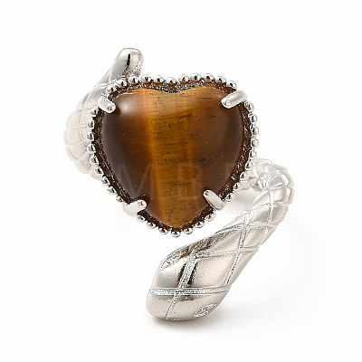 Gemstone Heart with Snake Open Cuff Ring RJEW-P082-02P-1