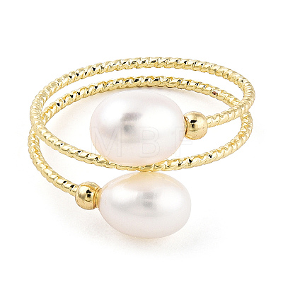 Natural Pearl Beaded Wrapped Cuff Ring RJEW-T026-04G-1