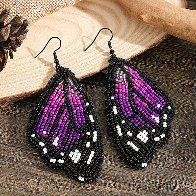Bohemian Style Green Butterfly Wing Glass Bead Handmade Dangle Earrings FV2215-1