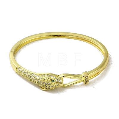 Brass Pave Clear & Green Cubic Zirconia Leopard Hinged Bangle for Women BJEW-K246-21C-G-1