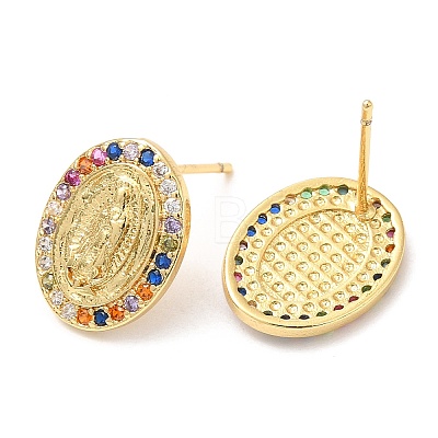 Rack Plating Brass Oval with Virgin Mary Stud Earrings with Colorful Cubic Zirconia EJEW-A103-04G-1