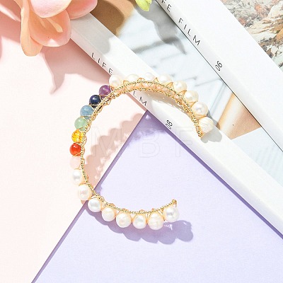 Natural Pearl Bead & Mixed Gemstone Beads Cuff Bangles for Women Girl Gift BJEW-JB06826-03-1