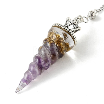 Resin Dowsing Pendulum Pendants with Natural Amethyst Chips inside and Iron Chain & Alloy Caps GG-CBAEAD2-01B-1