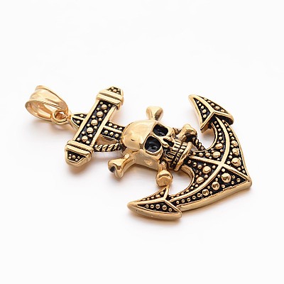 Retro Antique Golden Plated 304 Stainless Steel Anchor with Pirate Style Skull Big Pendants STAS-E094-05AG-1