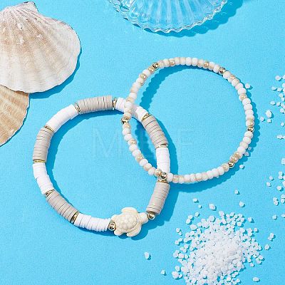 2Pcs 2 Style Synthetic Turquoise Sea Turtle & Seed Beaded Stretch Bracelets Set BJEW-JB09836-1