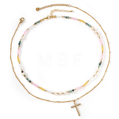 Colorful Natural Mixed Stone and Imitaiton Pearl Beaded Double Layered Necklaces with Stainless Steel Religion Cross Pendant MK2269-1