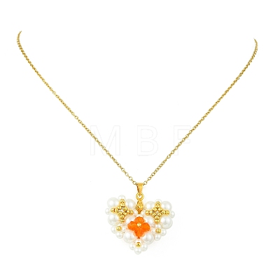 Imitate Austrian Crystal Bicone Glass & Glass Pearl Beaded Heart Pendant 304 Stainless Steel Cable Chain Necklaces for Women NJEW-MZ00154-1