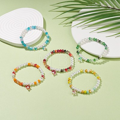 Glass Pearl & Flower Beaded Stretch Bracelet with Bell Charm for Women BJEW-JB08513-1