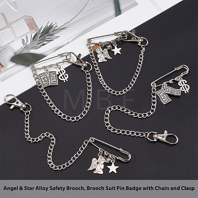 CHGCRAFT 4Pcs 2 Style Angel & Star and Money & Symbol $ Alloy Safety Brooch JEWB-CA0001-15-1
