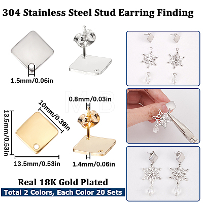 40Pcs 2 Color 304 Stainless Steel Stud Earring Findings STAS-SC0005-68-1
