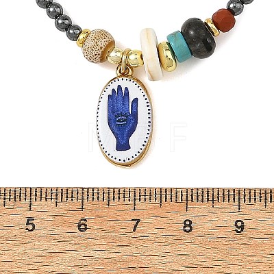 Printed 304 Stainless Steel Oval with Hand Pendant Synthetic Non-magnetic Hematite Round Beaded Necklaces NJEW-JN06690-1