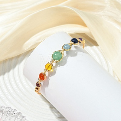 Chakra Herringbone Wire-Wrapped Gemstone Brass Cuff Bangles BJEW-JB14035-1