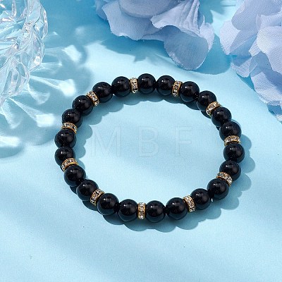 8mm Round Natural Black Onyx(Dyed & Heated) Beaded Stretch Bracelets for Women BJEW-JB10796-1