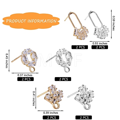 12Pcs 3 Style Brass Micro Pave Clear Cubic Zirconia Stud Earring Findings ZIRC-SZ0002-26-1