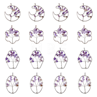 8Pcs 4 Styles Flower & Moon & Oval & Hexagon Natural Amethyst Copper Wire Wrapped Chip Big Pendants G-DC0001-26-1