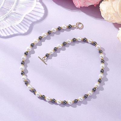 8MM White Shell Pearl with 6MM Synthetic Non-Magnetic Hematite Round Beaded OT Necklaces NJEW-JN05698-1
