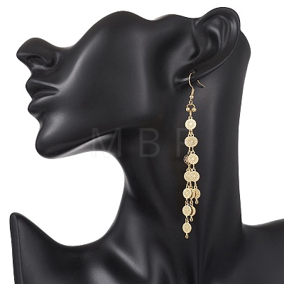 Brass Flat Round with Sun Pattern Link Chain Tassel Dangle Earrings EJEW-JE06928-1
