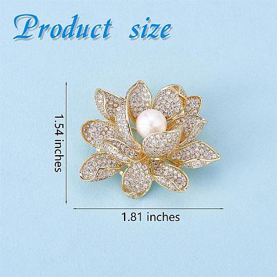Golden Lotus Flower Brooch Clear Zircon Brooch Pin White Beads Brooches Badge Jewelry for Jackets Backpack Corsage Lapel Scarf Clothing Accessories JBR104A-1