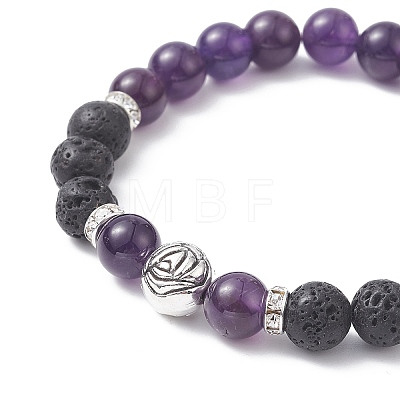 Natural Lava Rock & Mixed Gemstone & Alloy Rose Beaded Stretch Bracelets BJEW-JB09401-1