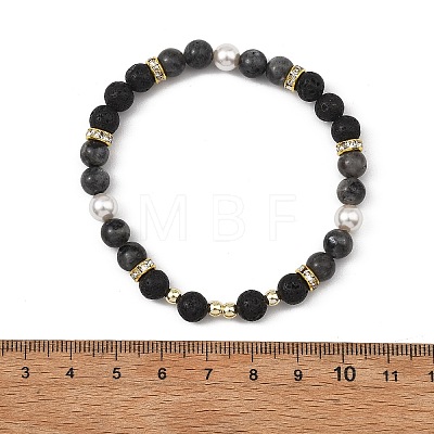 3Pcs 3 Styles Natural Lava Rock & Larvikite & Shell Pearl Beaded Stretch Bracelets for Kids BJEW-JB14097-1