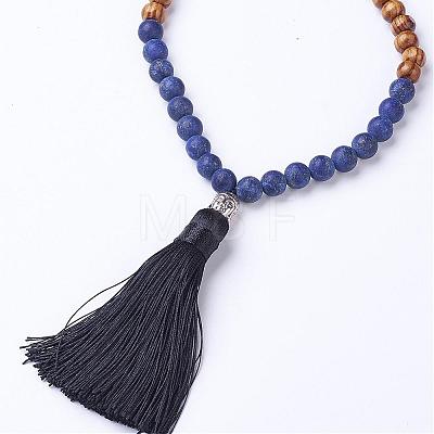 Natural Lapis Lazuli and Wood Mala Beads Necklaces NJEW-JN01779-02-1