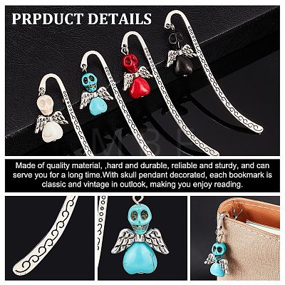 AHADEMAKER 8Pcs 4 Colors Skull Angel Dyed Synthetic Turquoise Bookmarks AJEW-GA0004-84-1