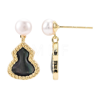 Gourd Natural Black Lip Shell & Pearl Dangle Stud Earrings PEAR-N020-05R-1
