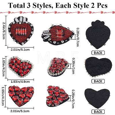 Gorgecraft 6Pcs 3 Style Heart Shape Alloy Rhinestone Embroidery Thread Sew Cloth DIY-GF0009-55-1