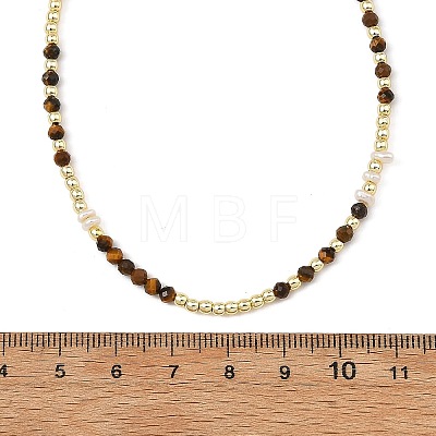 Natural Tiger Eye Faceted Round & Round Electroplate Synthetic Non-magnetic Hematite & Natural Pearl Beaded Necklaces NJEW-JN06549-01-1