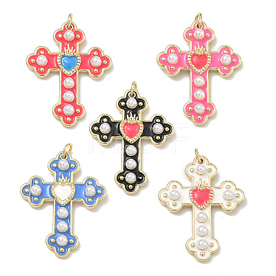 Brass Enamel with ABS Plastic Imitation Pearl Pendants KK-Z153-16G-1