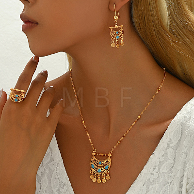 Bohemian Ethnic Style Vintage Brass Cubic Zirconia Moon Tassel Earrings & Necklaces & Rings Set for Women JX3653-1