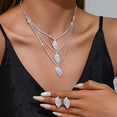 Brass Crystal Rhinestone Leaf Stud Earrings & Multilayer Necklaces Sets for Women WGF939A-01-1