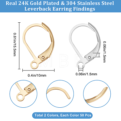 100Pcs 2 Style 304 Stainless Steel Leverback Earring Findings STAS-BBC0002-57-1
