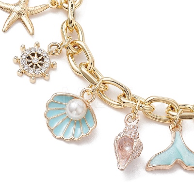 Summer Beach Starfish & Shell Shaped Alloy Enamel & ABS Plastic Imitation Pearl Charm Bracelets BJEW-JB10539-1