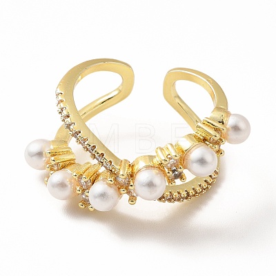 Cubic Zirconia Criss Cross Open Cuff Ring with Imitation Pearl RJEW-H101-18G-1