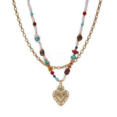 Handmade Natural Mixed Stone Beaded Double Layer Necklaces with Stainless Steel Sacred Heart Pendant for Women Daily Wear OB9788-1-1