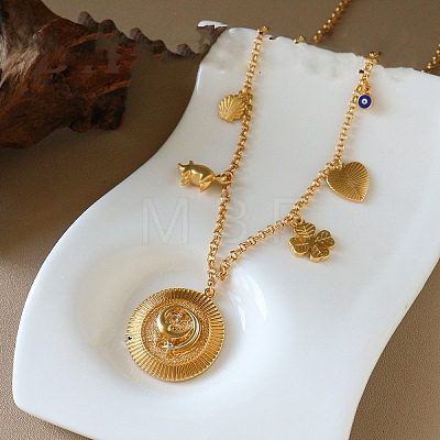 Brass Micro Pave Clear Cubic Zirconia Coin Clover Heart Multi Pendant Necklaces for Women WG98C8B-01-1