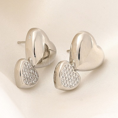 Rack Plating Heart Brass Micro Pave Clear Cubic Zirconia Stud Earrings EJEW-H143-26P-1