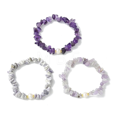 3Pcs 3 Styles Natural Mixed Gemstone Chip & Cultured Freshwater Pearl Beaded Stretch Bracelets Set for Women BJEW-JB13762-03-1