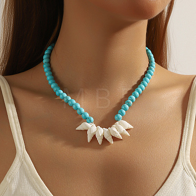 Bohemian Round Synthetic Turquoise & Natural Shell Beaded Necklaces with Alloy End Chains FS-WG16541-05-1