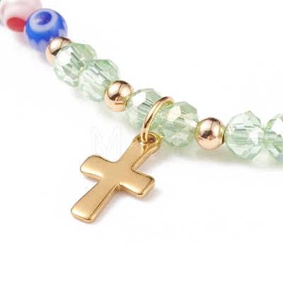 Millefiori Glass Beaded Stretch Bracelet with 304 Stainless Steel Cross Charm for Women BJEW-JB08521-1