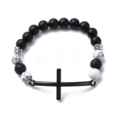 Round Natural Black Agate & Lava Rock & Synthetic Howlite Bead Stretch Bracelets BJEW-F493-04EB-01-1