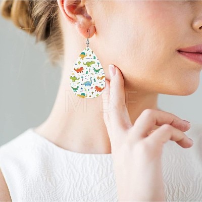 Teardrop with Dinosaur Imitation Leather Dangle Earrings FS-WGBCE63-01-1