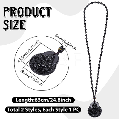 2Pcs 2 Styles Natural Obsidian Buddha Pendant Beaded Necklaces NJEW-UN0001-91-1